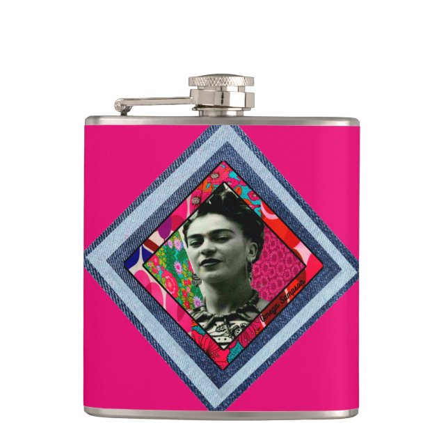 Frida Kahlo Retro Denim Diamond Hip Flask (Front)