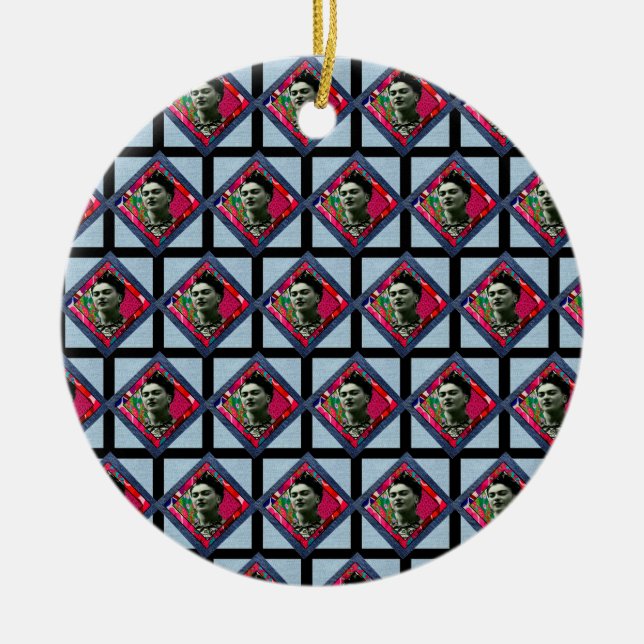 Frida Kahlo Retro Pink Denim Ceramic Tree Decoration (Front)