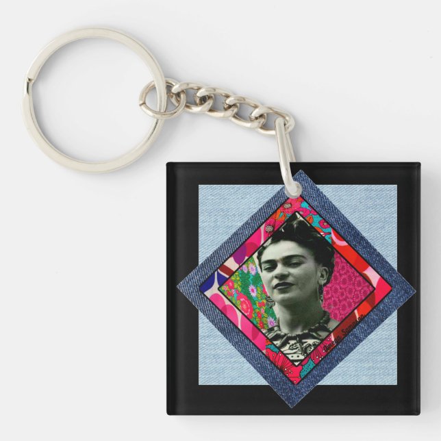 Frida Kahlo Retro Pink Denim Key Ring (Front)