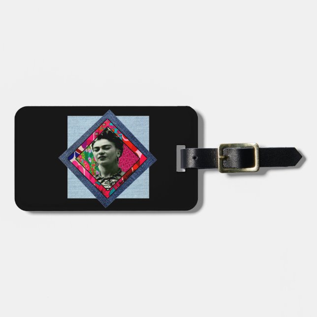 Frida Kahlo Retro Pink Denim Luggage Tag (Front Horizontal)