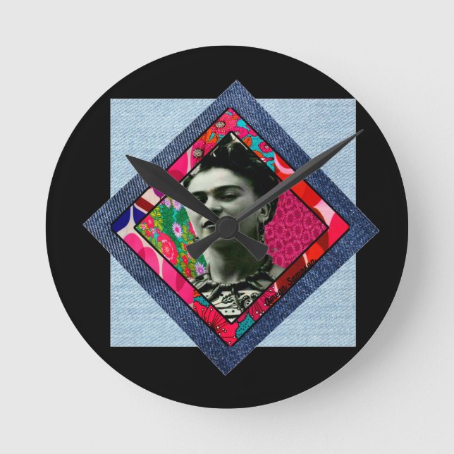 Frida Kahlo Retro Pink Denim Round Clock (Front)