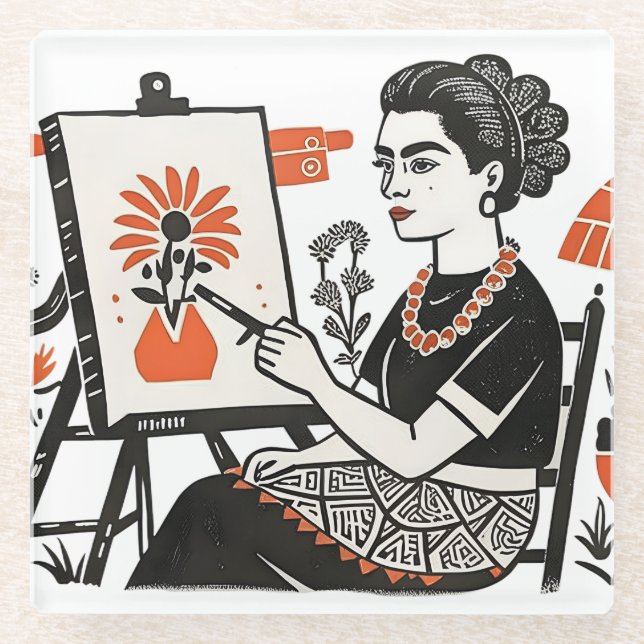Frida Kahlo sitting painting floral design style Glass Coaster (Front)