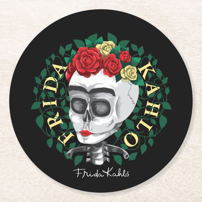 Frida Kahlo | Skull with Rose Crown Round Paper Coaster (Front)