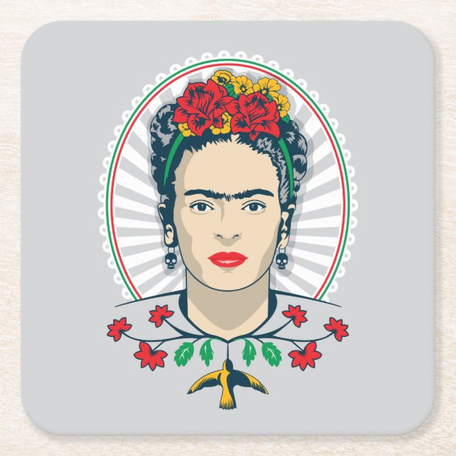 Frida Kahlo | Vintage Floral Square Paper Coaster (Front)