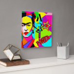 Frida POP ART  Square Wall Clock<br><div class="desc">"Frida Lives" with a colourful pop art portrait of Frida Kahlo - Square Wall Clock,  POP ART style
by O.M design</div>