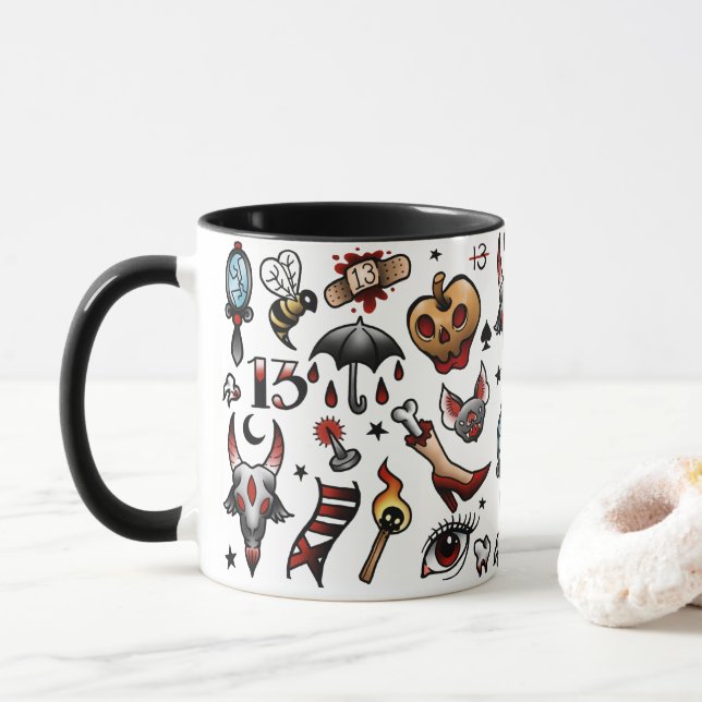 Friday 13th Tattoo Flash Mug (With Donut)