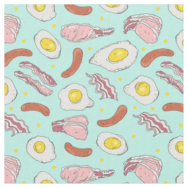 Fried Breakfast Eggs Bacon and Sausages Blue Fabric (Close Up)