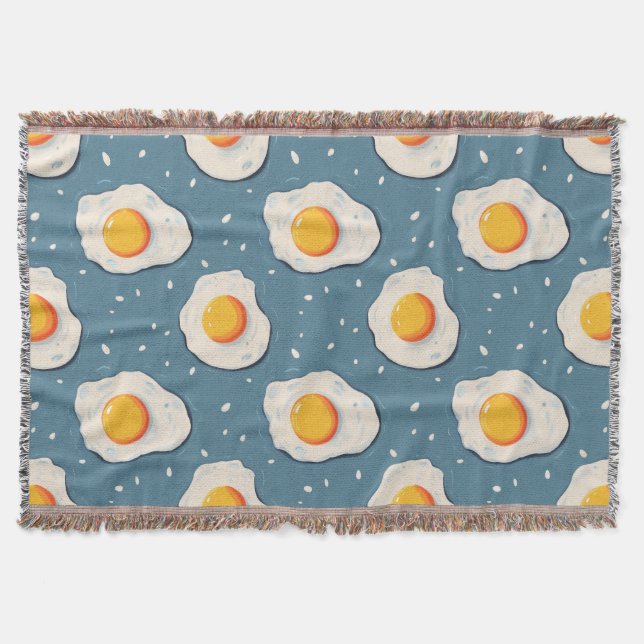 Fried Eggs on Blue Pattern Throw Blanket (Front)