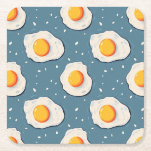 Fried Eggs on Blue Square Paper Coaster