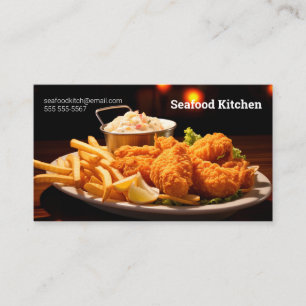 Fried fish dinner with fries and chowder business card
