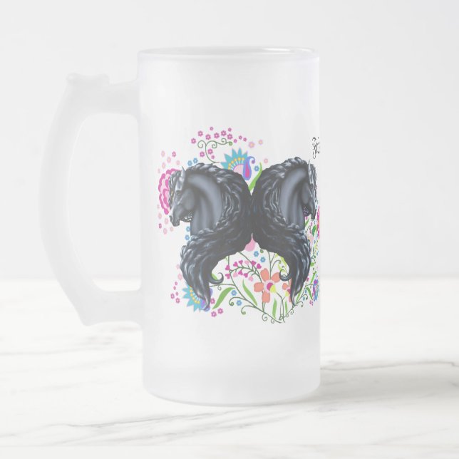 frieisna horse, stallion, folk flowers frosted glass beer mug (Left)
