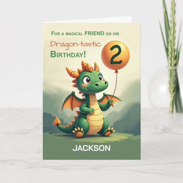 Friend 2nd Birthday Cute Dragon Personalise Balloo Card (Front)
