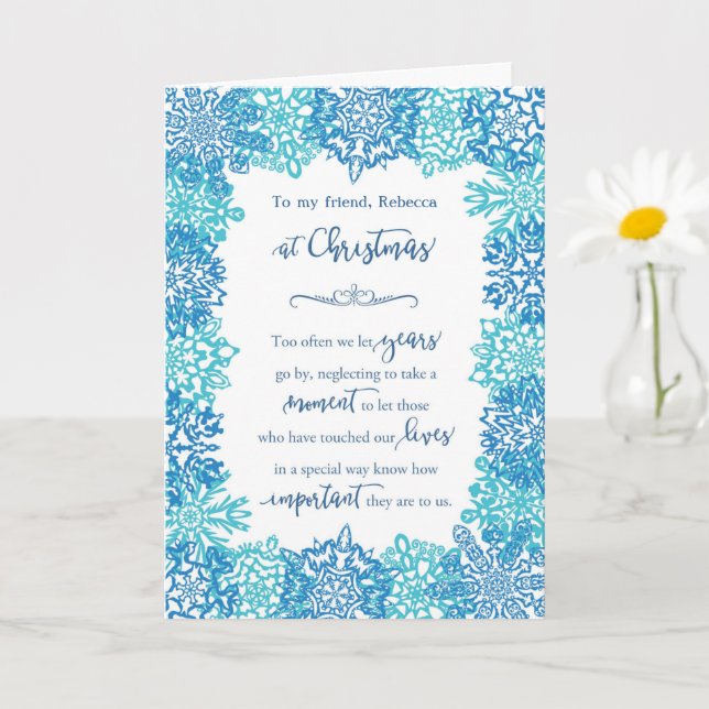 Friend at Christmas Blue Snowflakes Personalized Card (Small Plant)