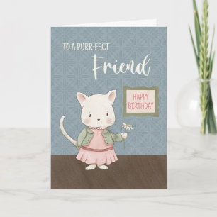 Friend Birthday Kitty in a Dress Holding Flower  Card