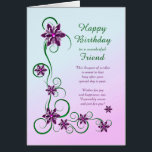 Friend Birthday with Scrolls and Flowers<br><div class="desc">An elegant and beautiful birthday card. A perfect card to give to your friend. Purple flowers and glittery scrolls make a very special birthday card.</div>