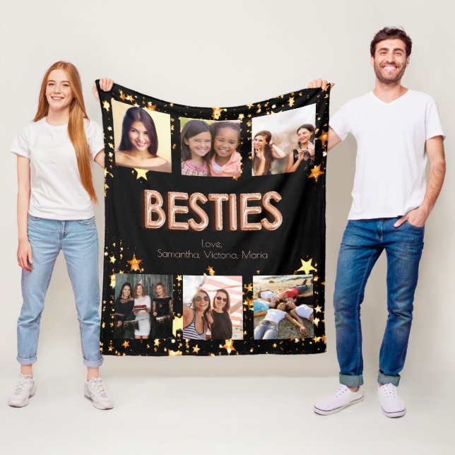 Friend black rose gold besties photo collage fleece blanket (In Situ)