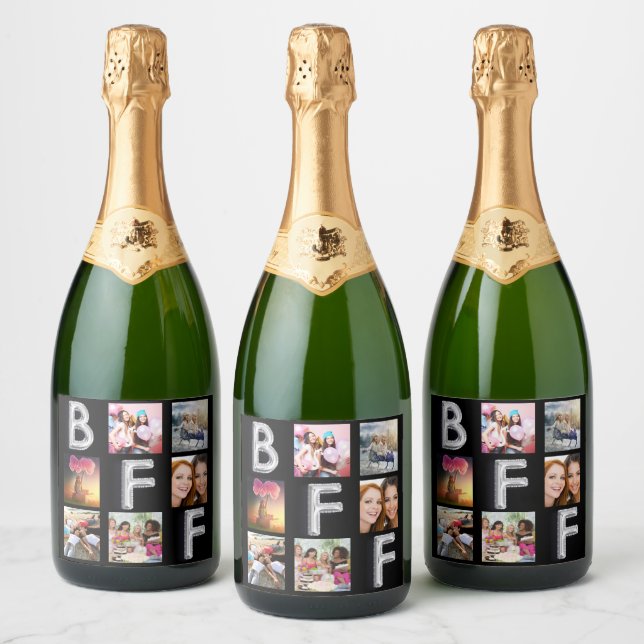 Friend black silver photo collage BFF  Sparkling Wine Label (Bottles)