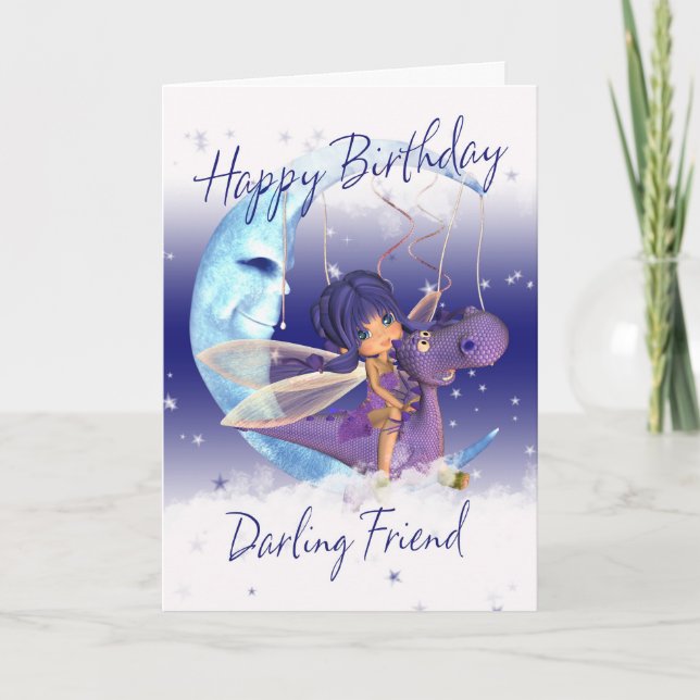 Friend Cute Birthday card, purple dragon with fair Card (Front)
