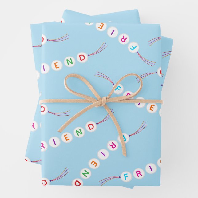 Friend cute friendship bracelet pattern light blue wrapping paper sheet (In situ)