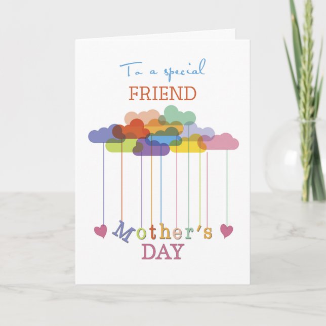 Friend, Cute Mother's Day Rainbow Clouds Hearts Card (Front)