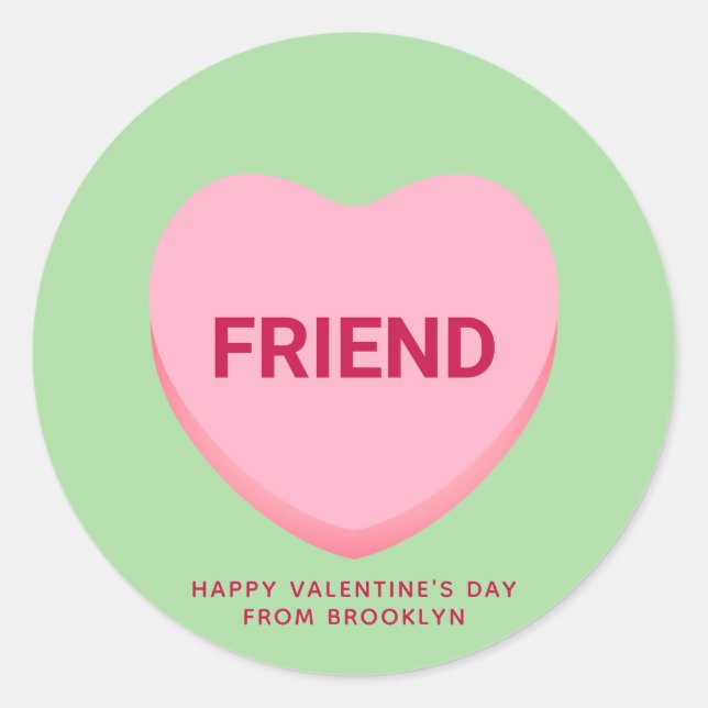 Friend green pink conversation heart Valentine's Classic Round Sticker (Front)