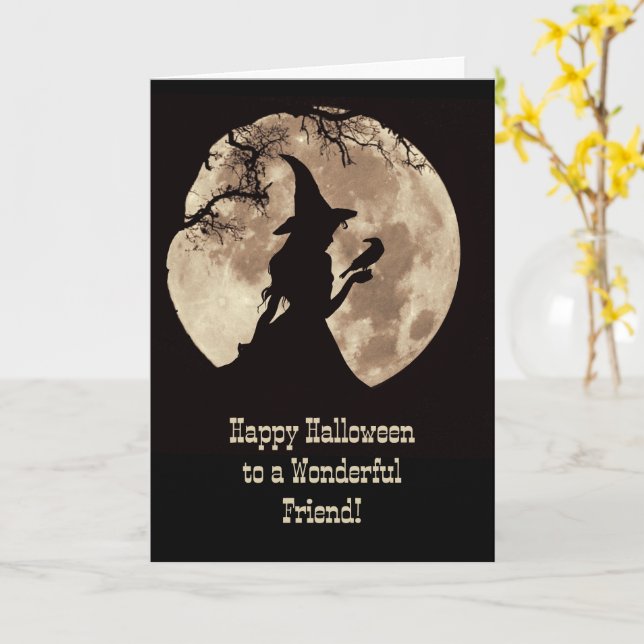 Friend Happy Halloween Cute Witch in the Moonlight Card (Yellow Flower)
