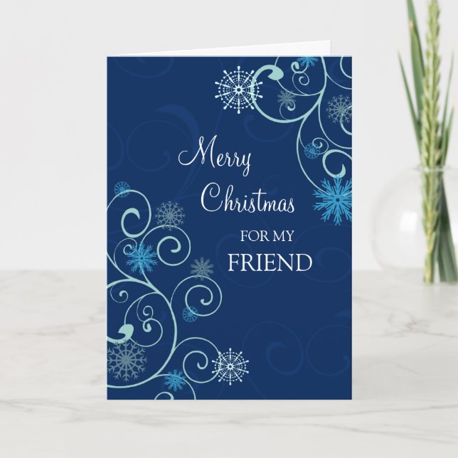 Friend Merry Christmas Card Blue Snowflakes (Front)