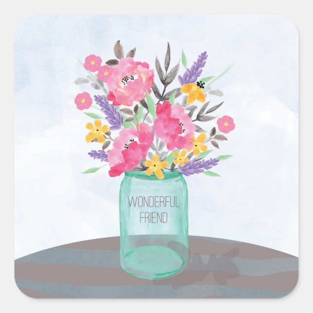 Friend Mother's Day Jar Vase with Flowers Square Sticker (Front)