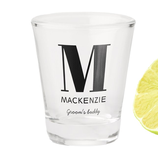 Friend of Groom Monogram Name Shot Glass (Groom's Buddy monogram initial and name bachelor party shot glass)