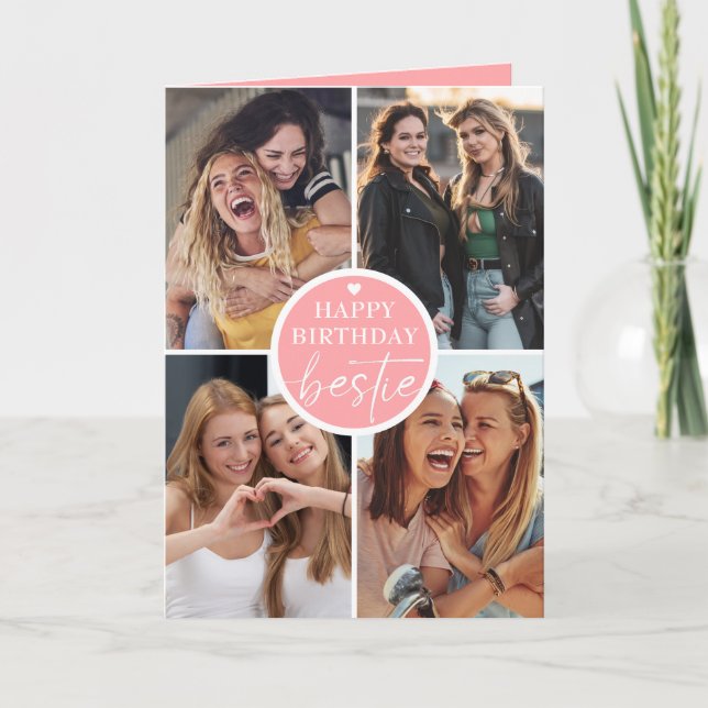 Friend Photo Collage Heart Script Happy Birthday Card (Front)