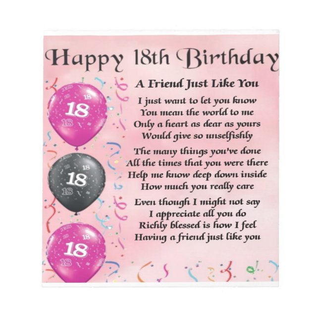 Friend Poem  18th Birthday Notepad (Front)