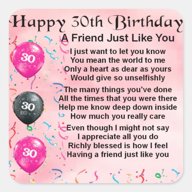 Friend Poem  -  30th Birthday Square Sticker (Front)