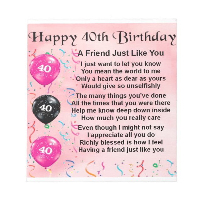 Friend Poem - 40th Birthday Notepad (Front)