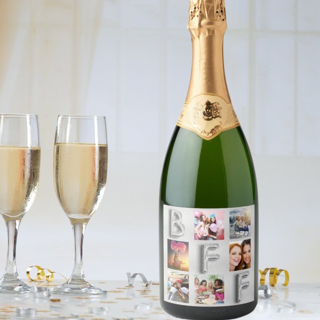 Friend silver photo collage BFF metallic Sparkling Wine Label (Creator Uploaded)