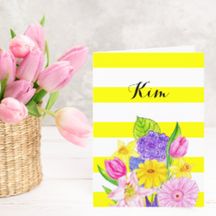 Friend Yellow Stripe and Floral Birthday Card