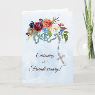 Friendiversary With Catholic Rosary and Flowers Card