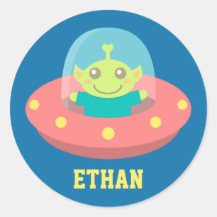 Friendly Alien in Spaceship, Outer Space Classic Round Sticker