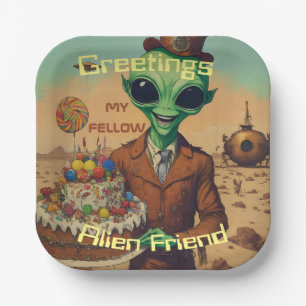 Friendly Alien with birthday cake Paper Plate