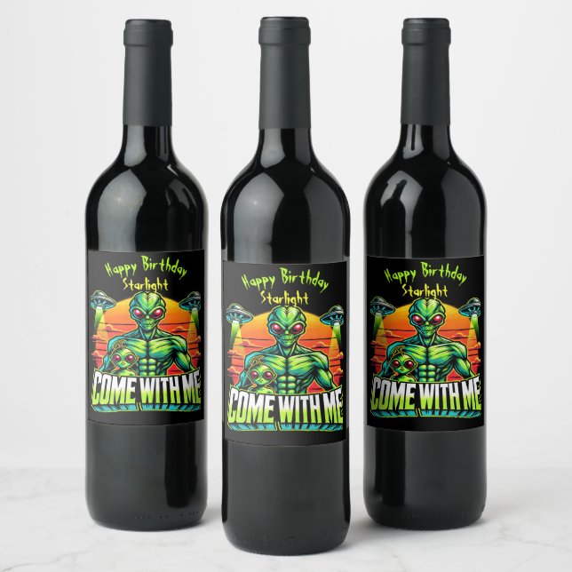 Friendly Aliens Explore Cosmic Adventures Wine Label (Bottles)