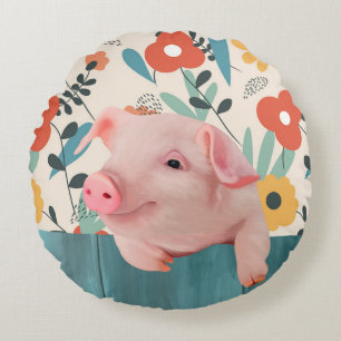 Friendly Baby Pig Cute Baby Animal Round Cushion