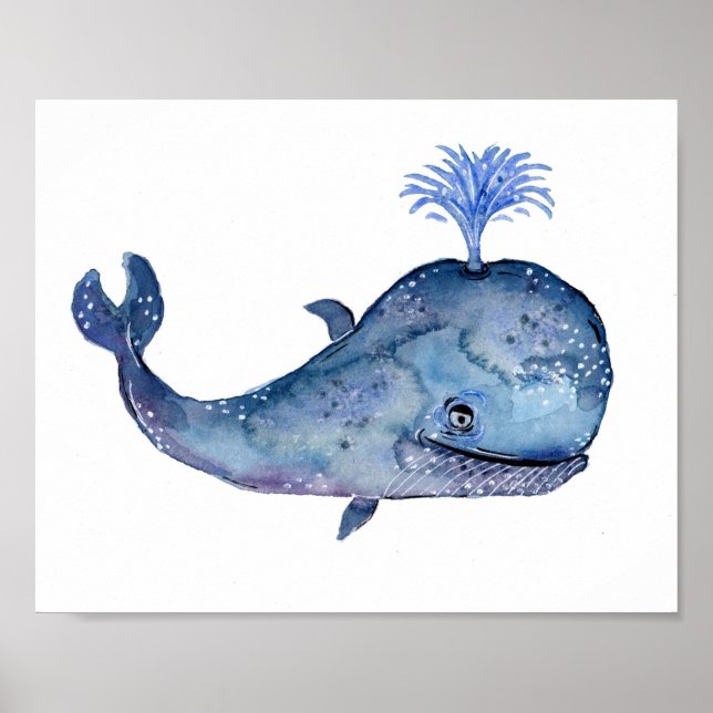 Friendly Blue Whale Watercolor Poster (Front)