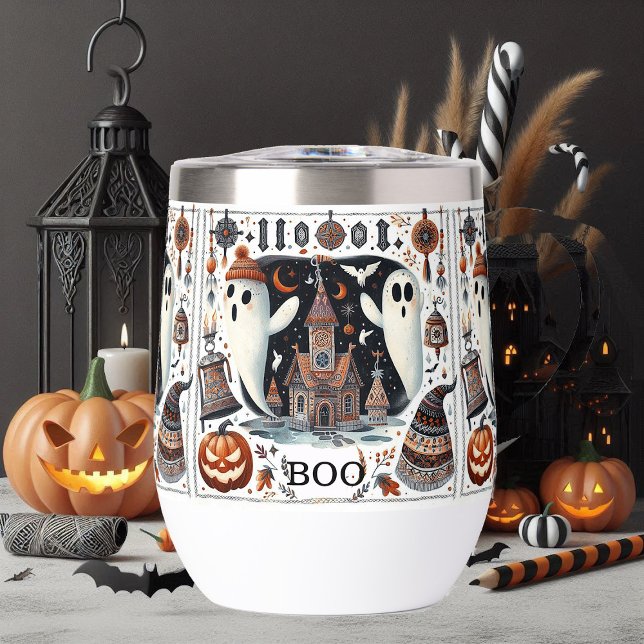 Friendly Boo Halloween Ghost Modern Script Spooky (Friendly Boo Halloween Ghost Modern Script Spooky Thermal Wine Tumbler)