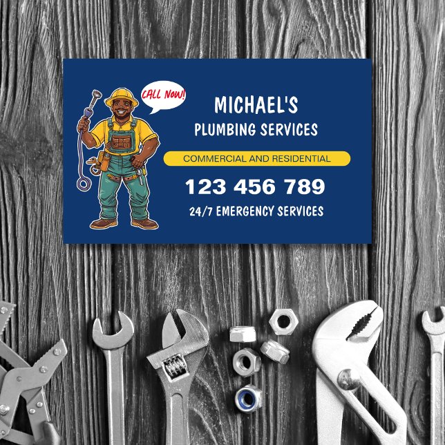 Friendly Cartoon Plumber Handyman Water Repairs Business Card (Creator Uploaded)