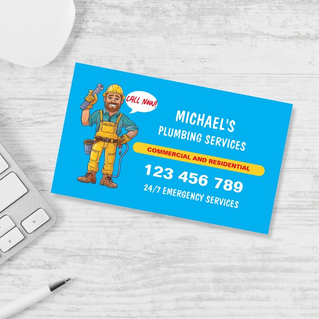 Friendly Cartoon Plumber Handyman Water Repairs Business Card (Creator Uploaded)