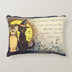 Friendly Cat and Owl - Cute Vintage Halloween Decorative Cushion