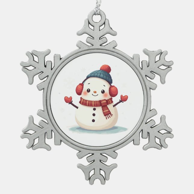 Friendly Cozy Kawaii Snowman Snowflake Snowflake Pewter Christmas Ornament (Front)