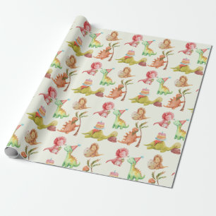 Friendly Dinosaurs Greenery Wrapping Paper