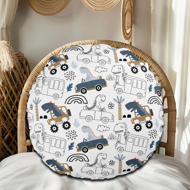 Friendly Dinosaurs in Cars Pattern Round Cushion (Creator Uploaded)