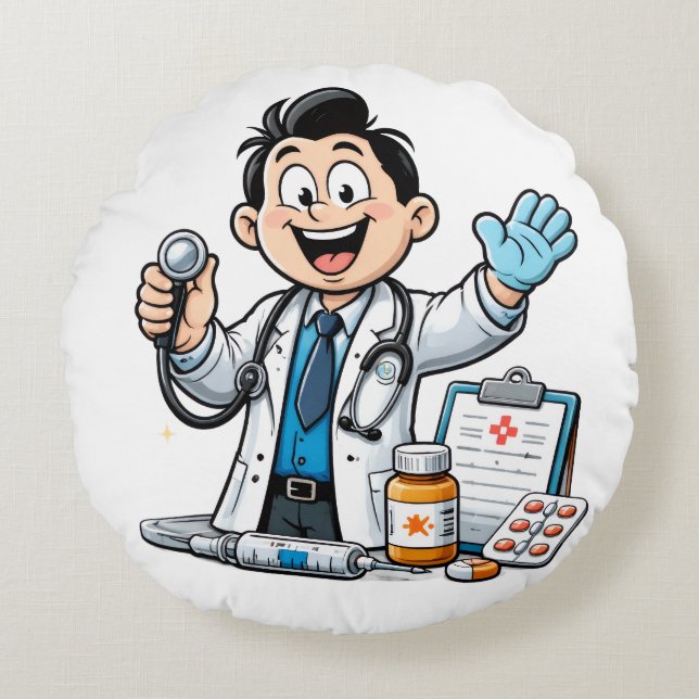 Friendly Doctor Mascot Medical Cartoon Design Round Cushion (Front)