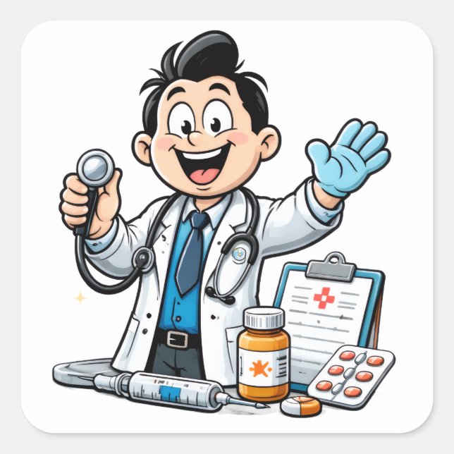 Friendly Doctor Mascot Medical Cartoon Design Square Sticker (Front)